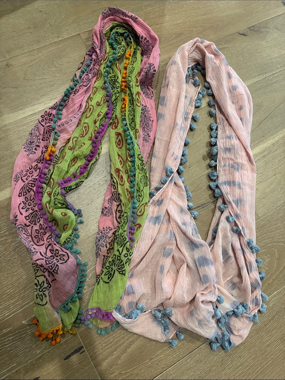 2 Boho Pom-Pom Trim Gauze Scarves Womens Coastal Cowgirl Oversized Linen-Look